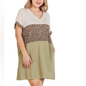 Umgee Linen Blend Short Sleeve Animal Print Colorblocked Vneck Dress W/Pockets M